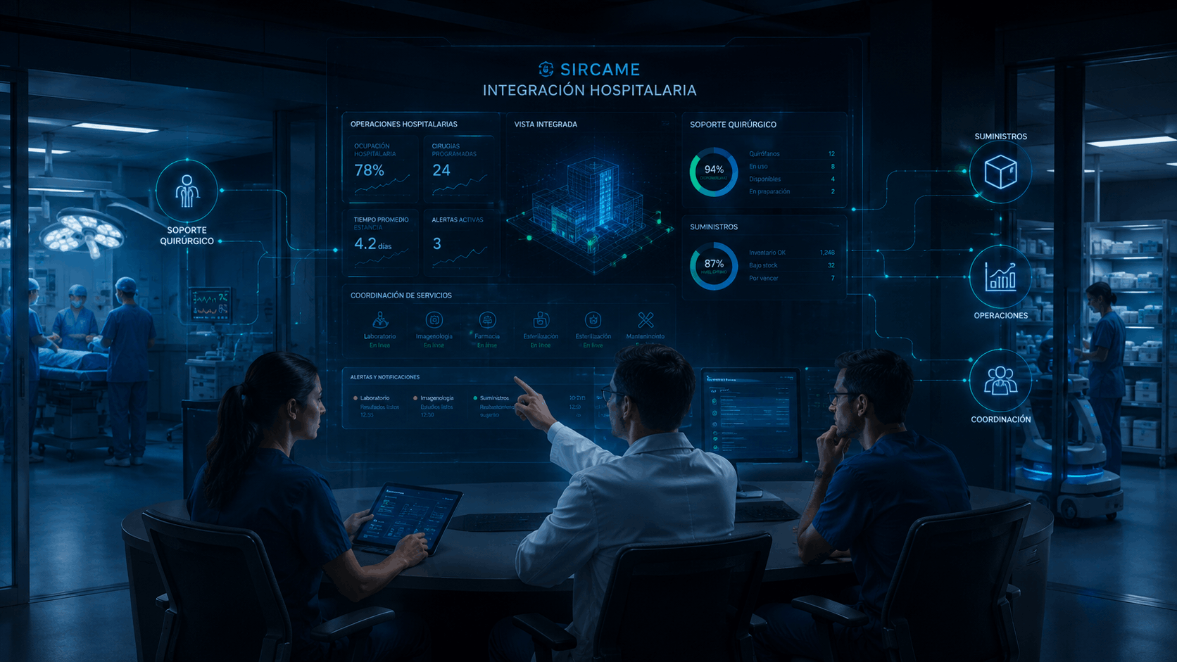 Equipo médico analizando un panel digital de integración hospitalaria con indicadores de operaciones, suministros y soporte quirúrgico