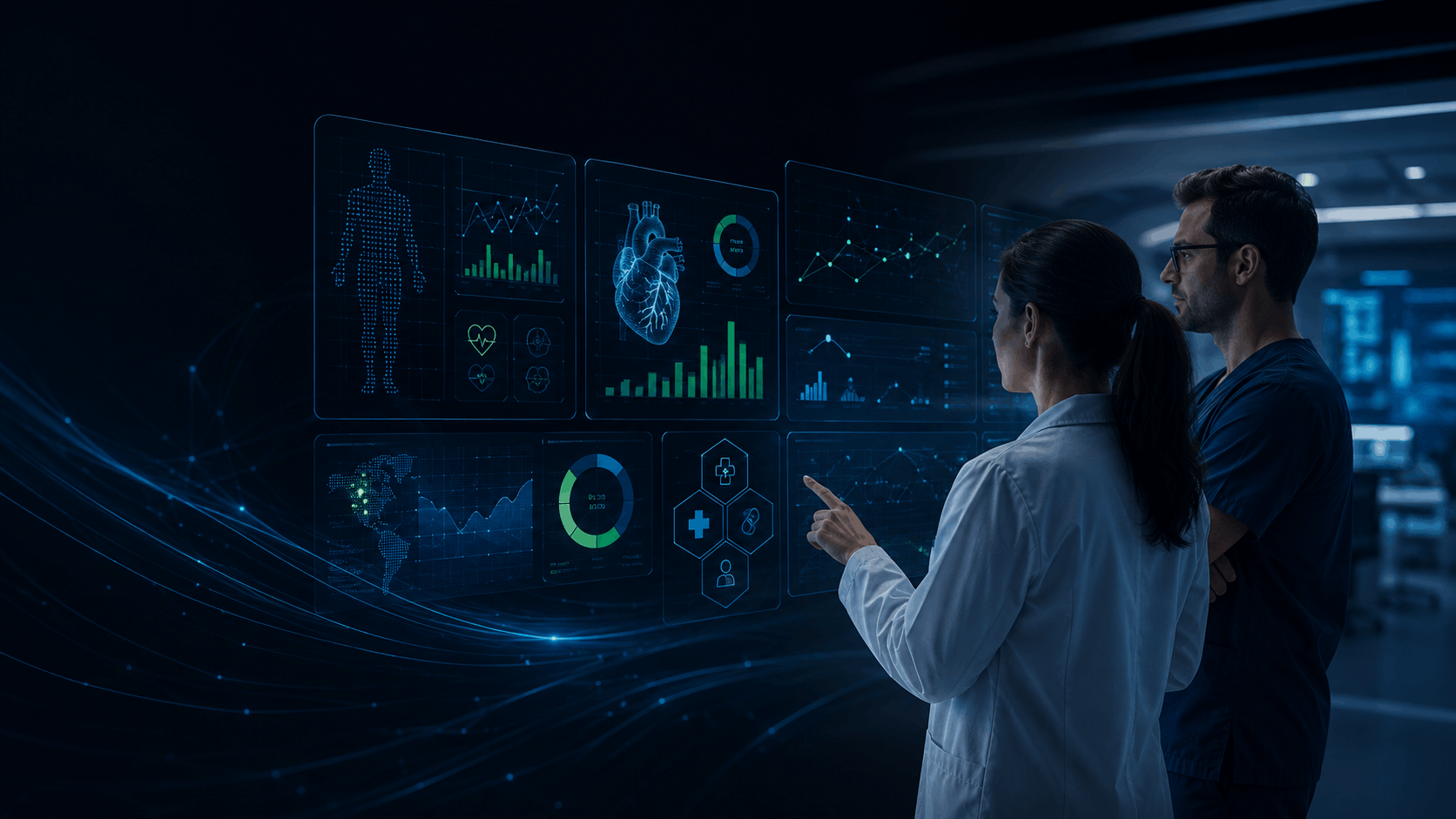 Profesionales de la salud analizando visualizaciones de datos clínicos en una plataforma de inteligencia en salud