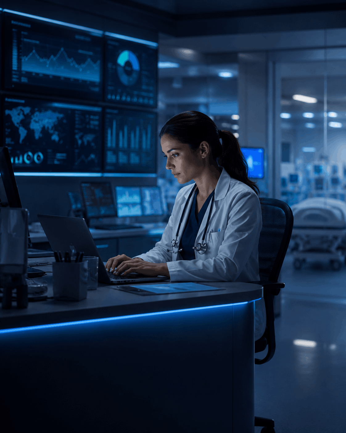 Médica usando tecnología hospitalaria para análisis de datos clínicos e inteligencia en salud